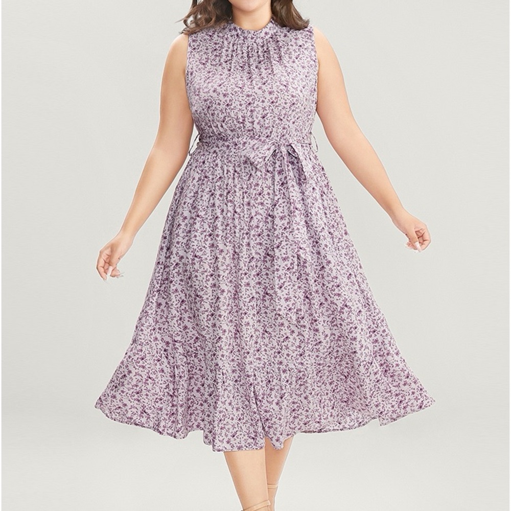 BloomChic Purple Floral Mock Neck Belted Pocket Dress Size 12 Large